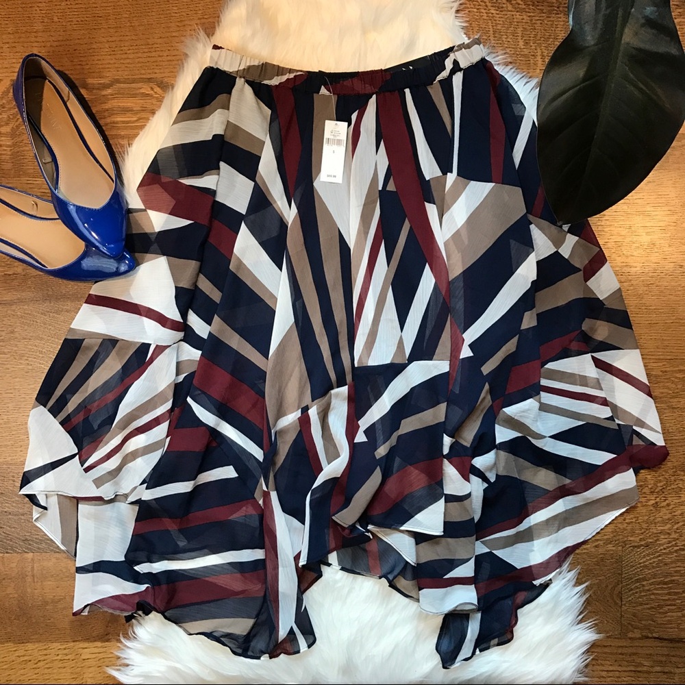 Banana Republic Navy, Burgundy & Cream Geometric Midi Skirt